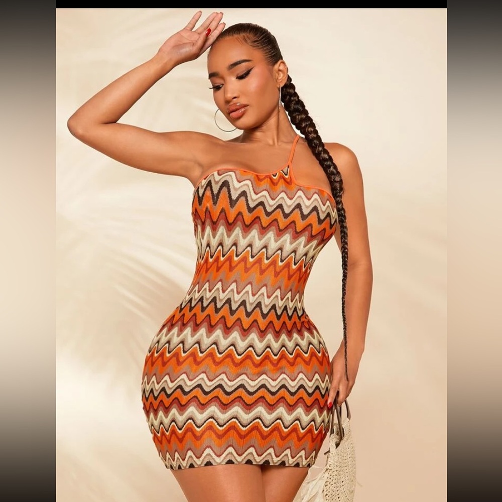 SHEIN Orange Zigzag Pattern Dress size XS brand new mesh dress